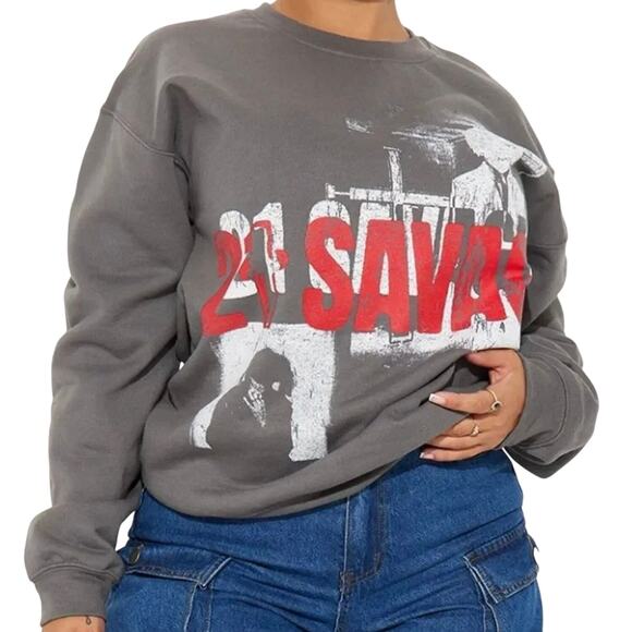 21 SAVAGE Washed Crewneck Sweatshirt in Charcoal, Size S, New without Tag - Picture 2 of 9